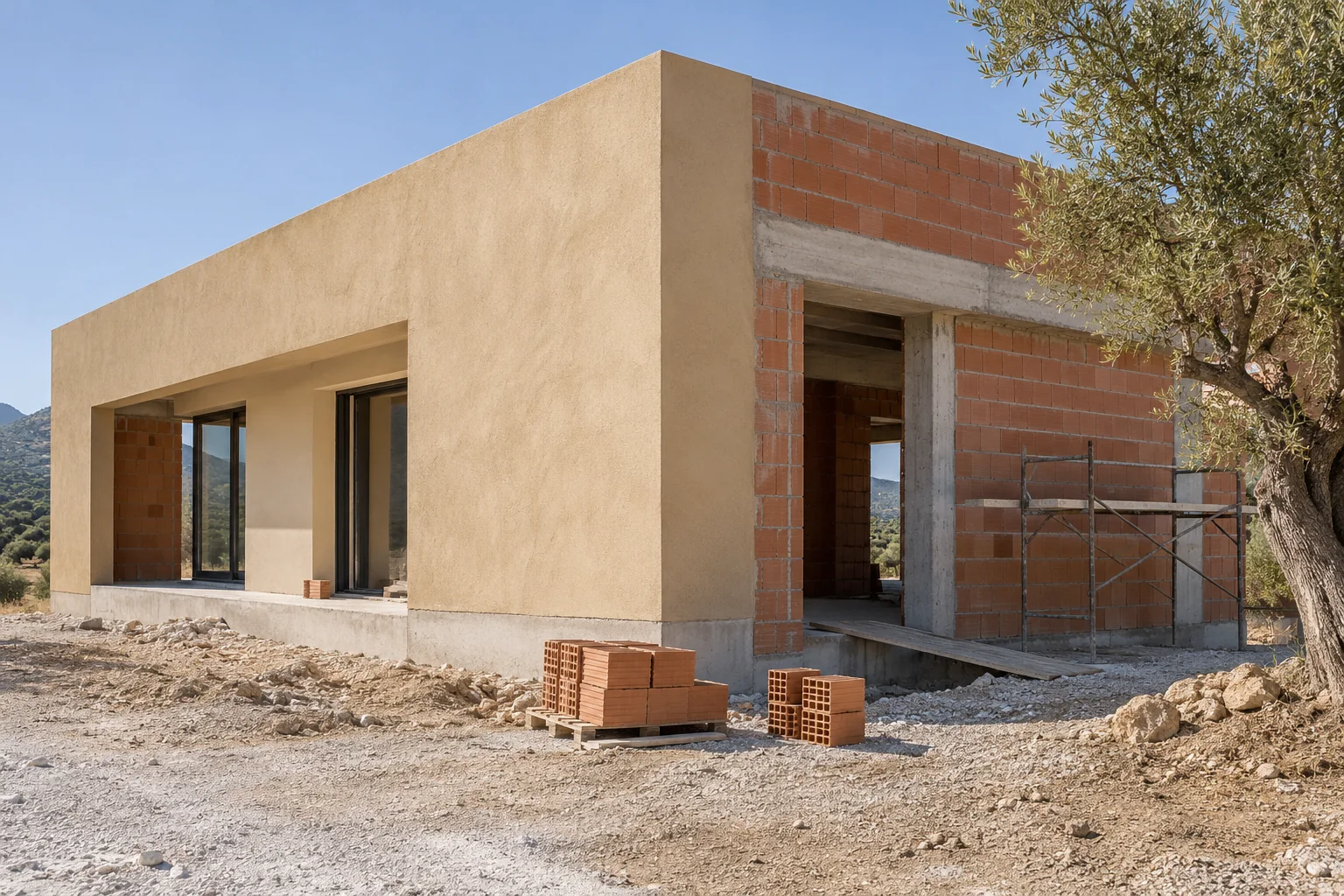Ladrillo, hormigón y revestimiento de una vivienda en construcción en un entorno mediterráneo
